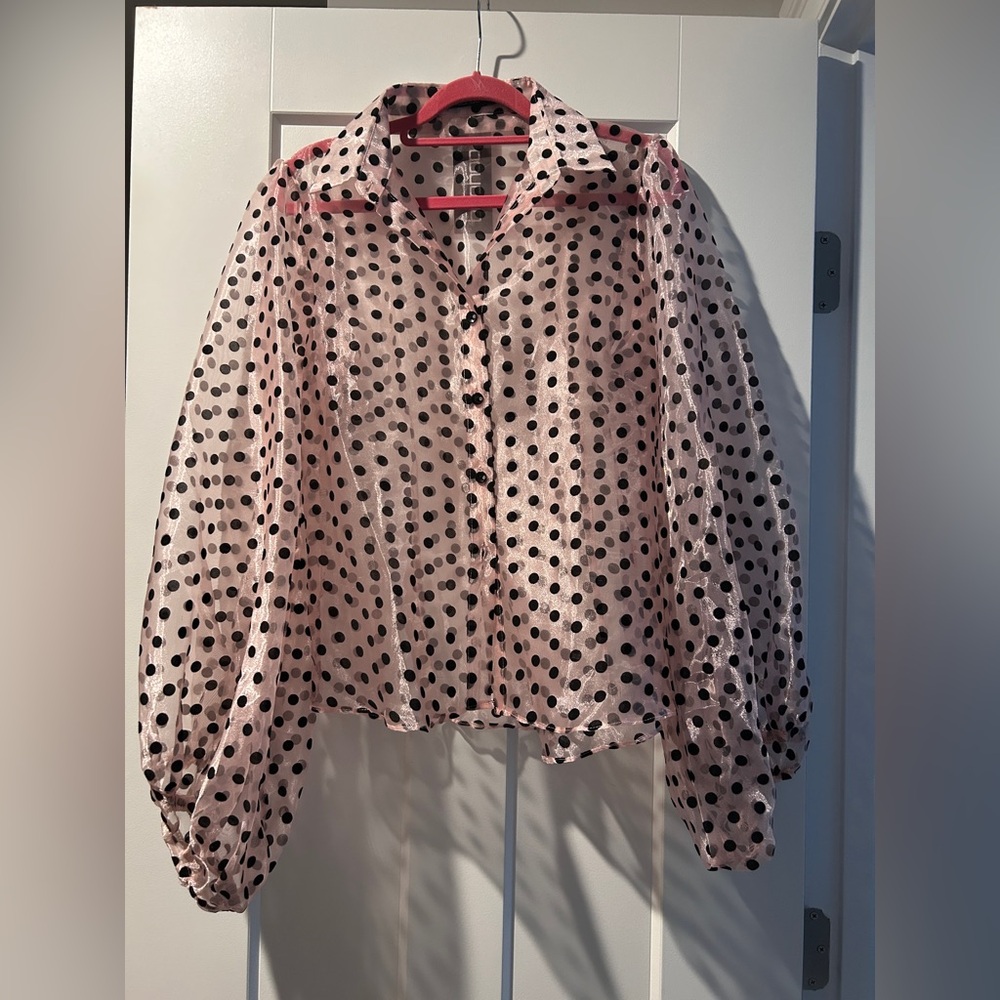 Boohoo pink sheer Puff Sleeve Blouse with Notched Collar